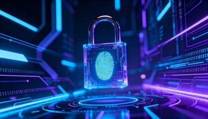 Digital padlock glowing in cyber space, fingerprint symbol in center, abstract secure data technology