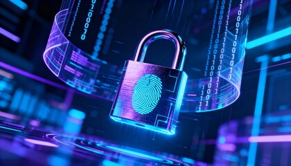 Digital padlock glowing in cyber space, fingerprint symbol in center, abstract secure data technology