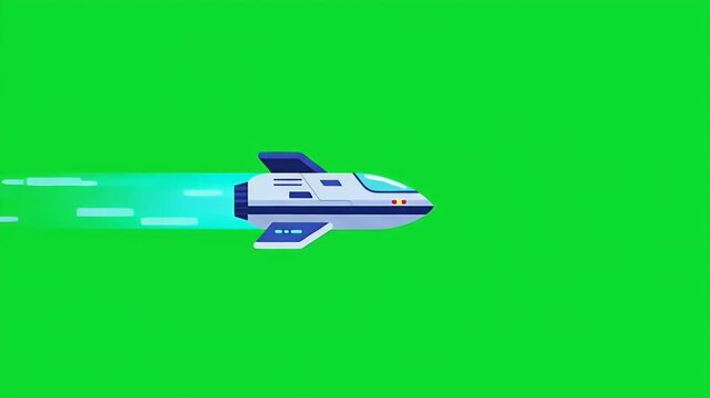 Animated Pixel Spaceship Flying Over Green Screen With Motion Trail Effects Pixel Art Style Shuttlecraft With Winglets and Cabinets Flying Rapidly in