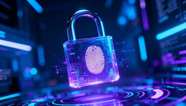 Digital padlock glowing in cyber space, fingerprint symbol in center, abstract secure data technology