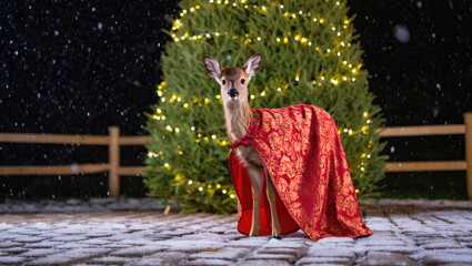 Fototapeta premium A Whimsical Winter Scene A Fawn Adorned in Festive Red Brocade Standing Before a Glowing Evergreen Tree Under a Gentle Snowfall Capturing the Holiday Spirit