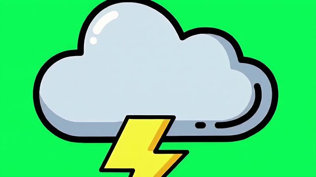 Cartoon Thunderstorm Graphic Animation with Gray Cloud and Yellow Lightning Bolt on a Bright Green Background Perfect for Weather Related