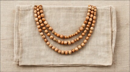 Handcrafted Wooden Beaded Necklace Displayed on Natural Linen Fabric Background