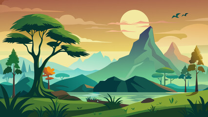 Stylized african landscape with mountains and lake at sunset