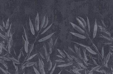 Dark charcoal botanical wallpaper with hand-painted leaf silhouettes, moody grey floral background texture, elegant foliage pattern for interior design