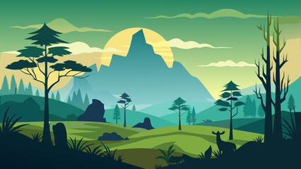 Stylized mountain landscape with sun and deer silhouette