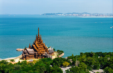 Sanctuary of Truth wooden temple in Pattaya Chonburi Thailand, aerial top view. Concept Thai...