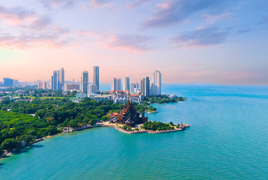 Aerial view Sanctuary of Truth wooden temple on beach of Chonburi, Pattaya Thailand