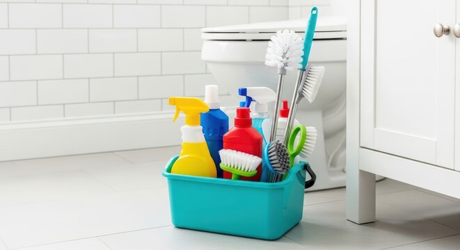 Cleaning supplies in a blue caddy next to a toilet in a bathroom setting