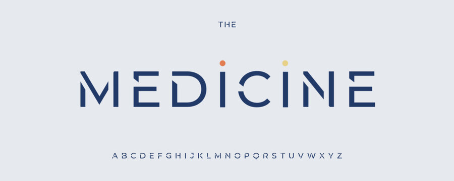 Futuristic Geometric Font, Abstract Display Alphabet, Modern Sans Serif Letters, Strict Medical Type for Tele Medicine App, Innovate Medicine Logo, Medical Technology Headline Fonts. Vector Typeset