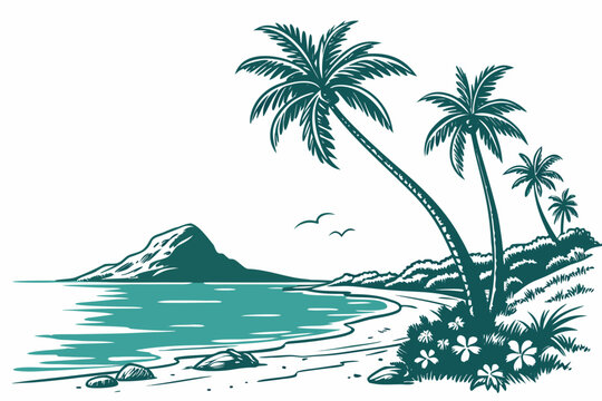 Minimalist Oahu island beach vector with palm trees and turquoise water reflection
