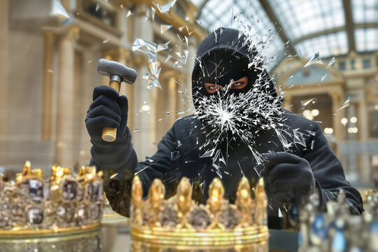 Masked thief smashes display case in museum gallery to steal precious priceless crown jewels.
