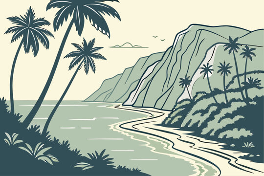 Flat modern design of Oahu palm forest and coastal cliffs
