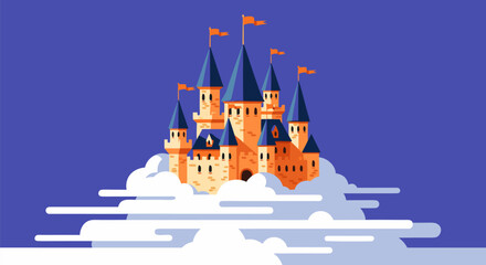 A majestic fairytale castle with towering spires and flags, resting on a bed of clouds in a twilight sky. Flat design vector graphic for fantasy and magic concepts