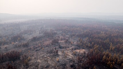 devastation. Aerial view of a charred forest landscape, hazy atmosphere and deep perspective. ESG reports, sustainability campaigns, designed for environmental awareness campaigns.