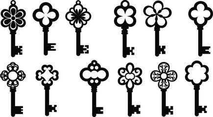 Black Silhouette Vector Icons of Ornate Vintage Skeleton Keys with Decorative Bows for Antique Lock Design, Clipart, and Graphic Use