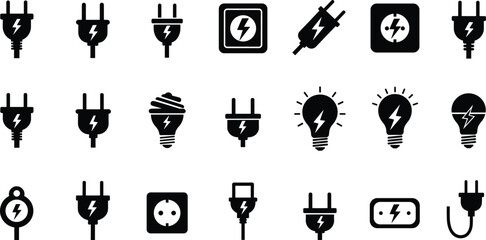 Black Vector Icons of Electricity, Power Plugs, Light Bulbs, Charging Symbols, Energy Outlets, Lightning Bolts for Electrical Design and UI