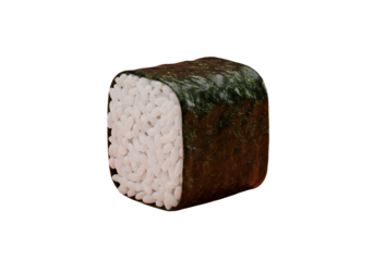 Single piece of sushi roll wrapped in dark green seaweed