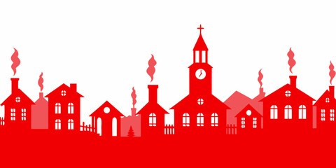 Red silhouette of a charming village with a church and smoking chimneys on a white background