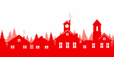 Red silhouette of a charming village with pine trees and a clock tower against a white background