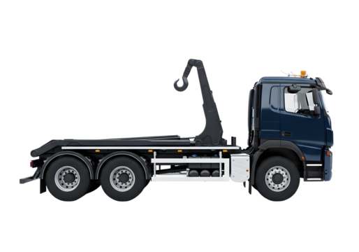 Dark blue skip loader truck with hook arm isolated on transparent background
