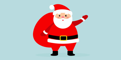 Friendly cartoon santa claus waving hello with a large red gift bag full of presents