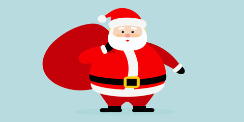 Cute cartoon santa claus with a large red gift bag on a light blue background