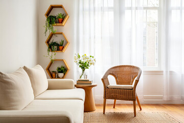 Cozy living room with beige sofa, rattan chair and hexagonal plant shelves  

