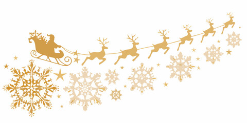 Golden silhouette of santa claus in a sleigh pulled by reindeer with decorative snowflakes and stars on a white background