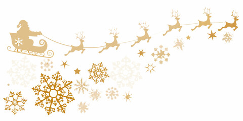 Golden santa claus in sleigh pulled by reindeer with snowflakes and stars