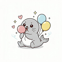 Naklejka premium Cute seal blowing up balloons, kawaii vector, white background