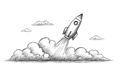 Hand-drawn Rocket Launch with Smoke and Clouds in a Sketch Style