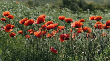 sedative. Field of poppy flowers swaying in gentle breeze, botanical tranquility scene. gardening catalogs, home-decor guides, designed for home decor and floral branding.
