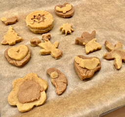 Assorted Unbaked Two-Tone Christmas Cookie Dough Shapes on Parchment Paper