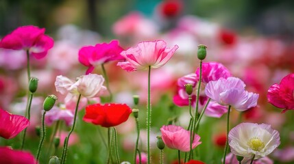 sedative. Field of poppy flowers swaying in gentle breeze, botanical tranquility scene. gardening catalogs, home-decor guides, designed for home decor and floral branding.