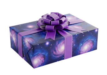 Galaxy patterned gift box with purple ribbon isolated on transparent background