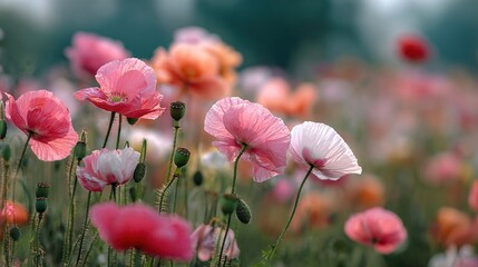 sedative. Field of poppy flowers swaying in gentle breeze, botanical tranquility scene. gardening catalogs, home-decor guides, designed for home decor and floral branding.