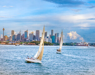 Sailing Sydney Harbour with the city’s iconic skyline in background, New South Wales, Australia