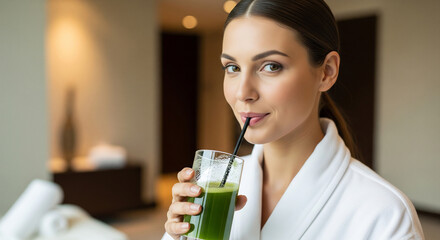 Woman in spa robe drinking green smoothie