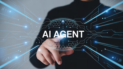 AI agent touching a digital interface futuristic technology concept for business and innovation presentations