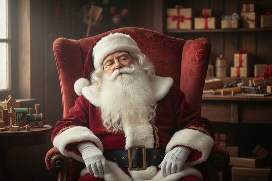 Santa Claus resting with his eyes closed in a red armchair. Father Christmas sleeping in his cozy workshop before the holiday. Traditional Christmas character portrait