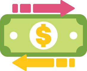 Green dollar bill with two arrows pointing in opposite directions, symbolizing money transfer