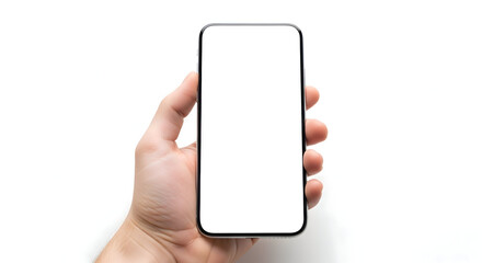 Showcase your app on this modern smartphone held in hand with a blank white screen for easy customization, ideal for UI mockups or product demos