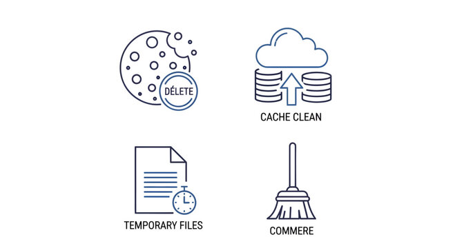 A collection of essential vector icons representing digital system cleanup, data optimization, temporary file removal, and internet privacy management, suitable for modern technological solutions