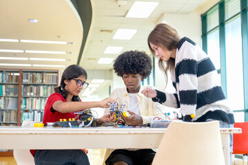 Group of multiracial teen boy and girls enjoy and fun with assemble the robot as their home work in public library.