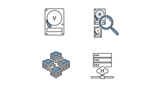 Minimal vector icon set for virtualization and cloud computing, featuring symbols for virtual disks, data snapshots, server clusters, and hypervisor infrastructure