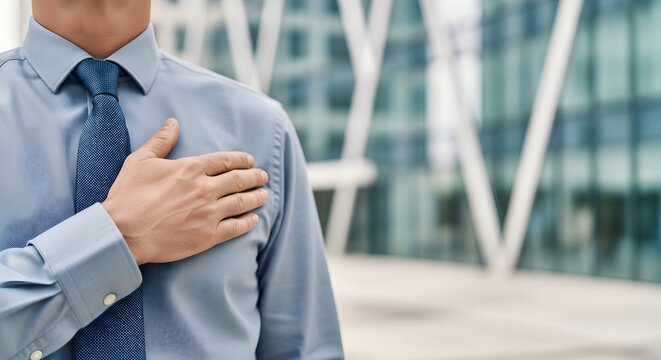 Man with hand over heart expressing loyalty in front of modern office building symbolizing trust and integrity for corporate responsibility marketing