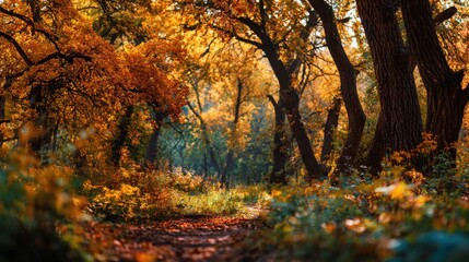 Autumn forest landscape with colorful trees and warm sunlight