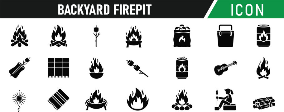 Backyard firepit outdoor features glyph icon set. Including Firepit, Bench, Chair, Logs, Flame, Marshmallow, Grill, Spark, Stone Ring, Firewood. Vector silhouette illustration