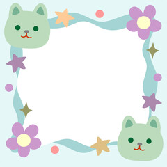 Cute Kawaii Green Cat Head with Flower Frame Border Design 